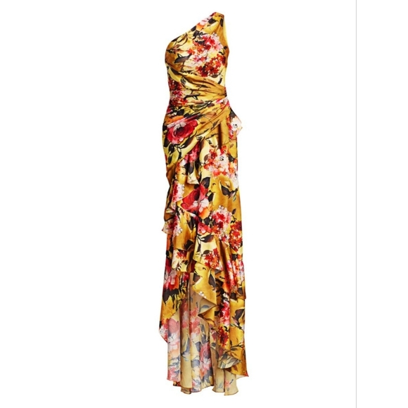 THEIA floral raffles sleeveless One shoulder bridal party gown yellow $795 - Picture 4 of 7